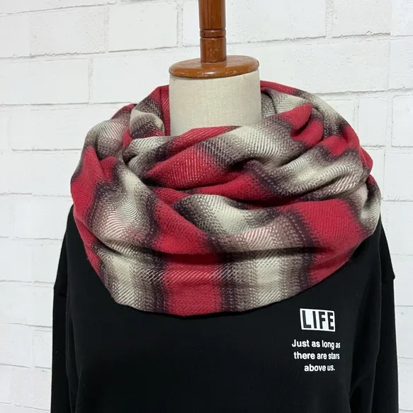 【オータム15％OFF】綿100%超極厚スヌード＊赤が可愛いオンブレーボーダー＊播州織