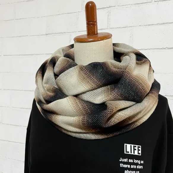 【オータム15％OFF】綿100%超極厚スヌード＊ミルキーベージュのオンブレーボーダー＊播州織