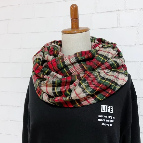 【オータム15％OFF】播州織 綿100％スヌード｜ローズレッドのタータンチェック｜起毛