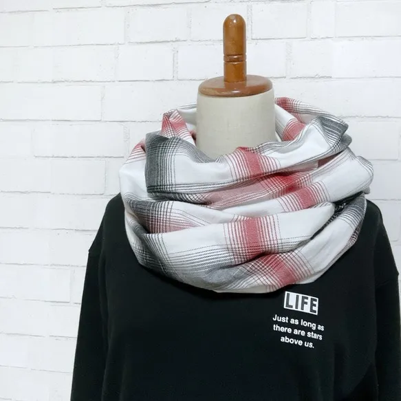【オータム15％OFF】播州織 綿100％スヌード｜ホワイト×ブラック×レッド｜薄手・微起毛