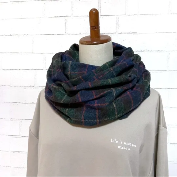 【オータム15％OFF】播州織 綿100％スヌード｜グリーン×ネイビーチェック｜厚手コットンツイード
