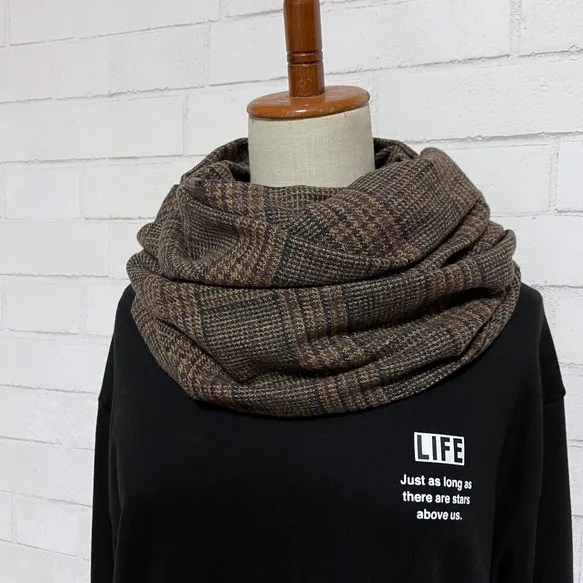 【オータム15％OFF】播州織 綿100％スヌード｜ダークブラウンチェック｜厚手コットンツイード