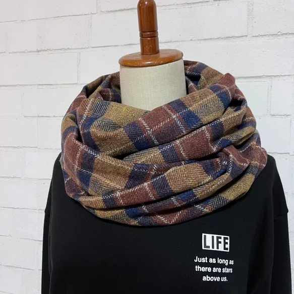 【オータム15％OFF】播州織 綿100％スヌード｜ブラウンチェック｜厚手コットンツイード