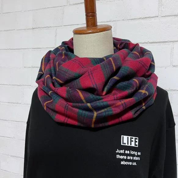 【オータム15％OFF】播州織 綿100％スヌード｜赤のクリスマスチェック｜薄手・起毛
